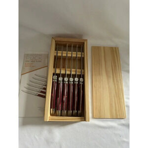 Wolfgang Puck 6 Piece Steak Knife Set Cranberry Handles In Wooden Box NEW